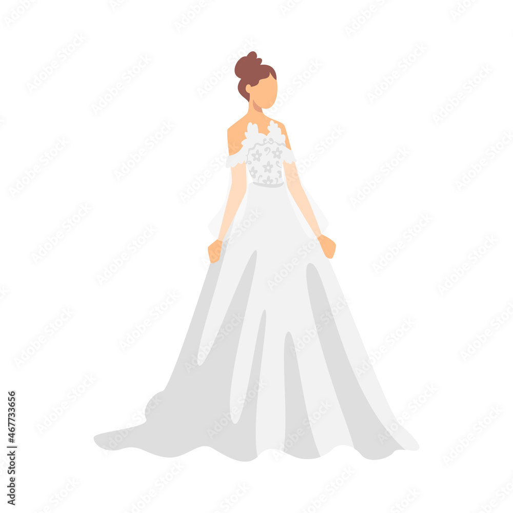 Sticker Bride in White Wedding Dress Standing as Newlywed or Just Married Female Vector Illustration