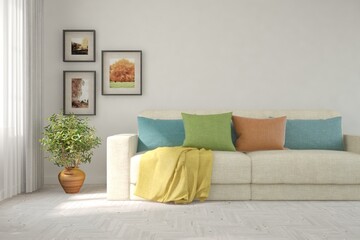 Soft color living room with sofa. Scandinavian interior design. 3D illustration