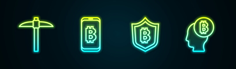 Set line Pickaxe, Mining bitcoin from mobile, Shield with and Bitcoin think. Glowing neon icon. Vector