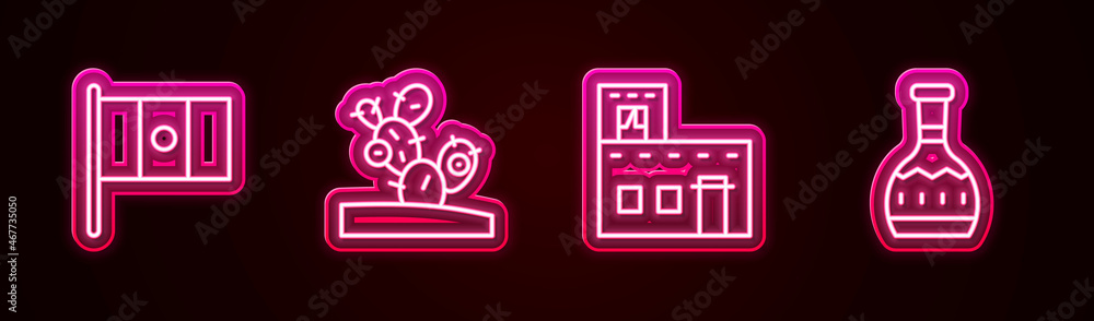 Sticker Set line Mexico flag, Cactus, Mexican house and Tequila bottle. Glowing neon icon. Vector