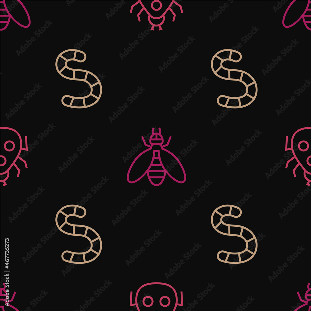 Poster set line ladybug, worm and bee on seamless pattern. vector