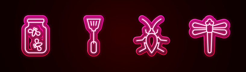 Set line Fireflies bugs in a jar, Fly swatter, Cockroach and Dragonfly. Glowing neon icon. Vector