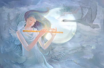 Sounds of music. Oil painting on canvas. Portrait of a beautiful girl playing the flute in front of fury of the elements. Fantasy illustration for an old medieval maritime legend. Surrealism style. © nataljacernecka