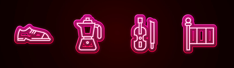 Set line Men shoes, Coffee moca pot, Violin and Flag Italy. Glowing neon icon. Vector © Kostiantyn