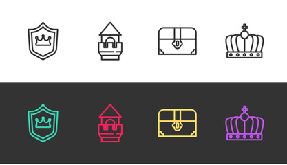 Set line Shield with crown, Castle tower, Antique treasure chest and King on black and white. Vector