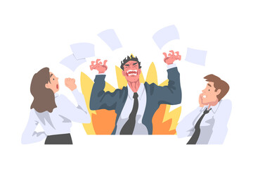 Furious Chief Screaming and Yelling in Anger at Scared Employee Vector Illustration