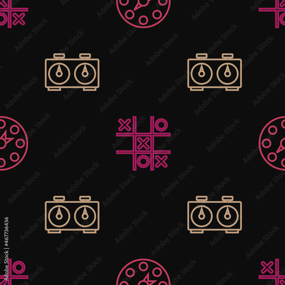 Poster set line twister game, time chess clock and tic tac toe on seamless pattern. vector