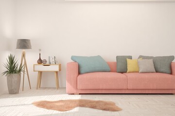 White living room with pink sofa. Scandinavian interior design. 3D illustration