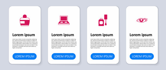 Set Woman eye, Bottle of nail polish, Eye shadow palette with brush and Cream or lotion cosmetic tube. Business infographic template. Vector