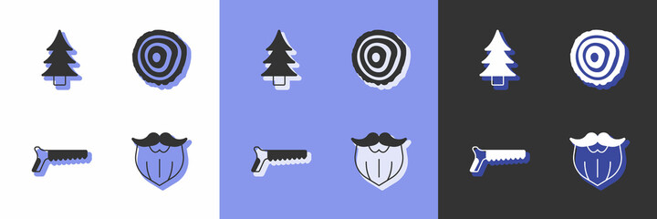 Set Mustache and beard, Tree, Hand saw and rings icon. Vector