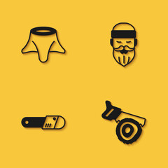 Set Tree stump, Hand saw and log, Chainsaw and Lumberjack icon with long shadow. Vector
