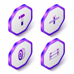 Set Isometric Hammer, Metallic nail, Tree rings and Wooden box icon. Purple hexagon button. Vector