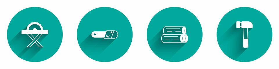 Set Electric circular saw, Chainsaw, Wooden log and Hammer icon with long shadow. Vector