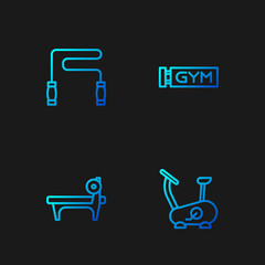 Set line Stationary bicycle, Bench with barbel, Jump rope and Location gym. Gradient color icons. Vector