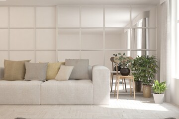 White living room with sofa. Scandinavian interior design. 3D illustration