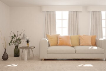 Obraz premium White living room with sofa. Scandinavian interior design. 3D illustration