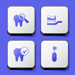 Set Broken tooth, Toothbrush with toothpaste, and Electric toothbrush icon. White square button. Vector