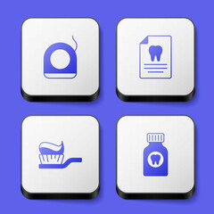 Set Dental floss, Clipboard with dental card, Toothbrush toothpaste and Toothache painkiller tablet icon. White square button. Vector