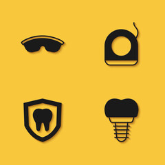 Set Safety goggle glasses, Dental implant, protection and floss icon with long shadow. Vector