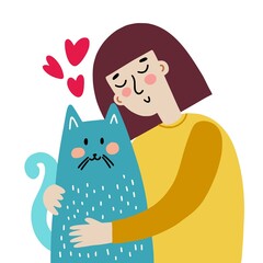 A girl hugs her cat