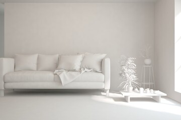 White minimalist living room with sofa. Scandinavian interior design. 3D illustration