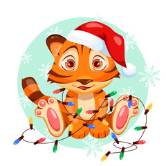 Cute little tiger in Santa hat on white background. Symbol of new year 2022. Chinese New Year of the tiger.
