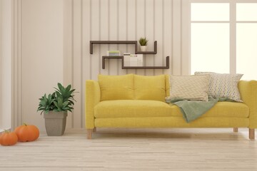 White living room with sofa. Scandinavian interior design. 3D illustration