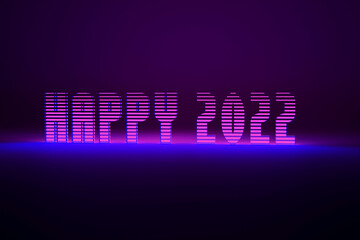 Neon luminous glowing lettering word in retro vintage 80s 90s style, Happy 2022, 3d render 3d...