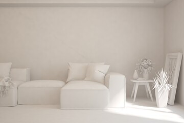 White minimalist living room with sofa. Scandinavian interior design. 3D illustration