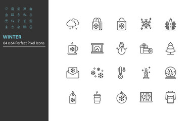 set of winter line icons, snowflake, season, cold