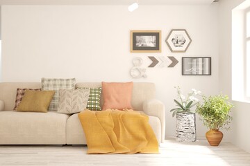 White living room with orange furniture. Scandinavian interior design. 3D illustration