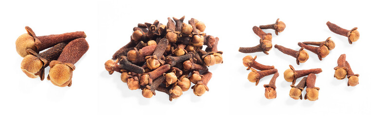 Set of spice clove (Syzygium aromaticum) scattering and bunch on white background isolated. Close up