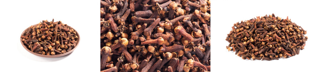 Set of spice clove (Syzygium aromaticum) in clay plate, bunch on white background isolated, background from cloves. Close up, macro