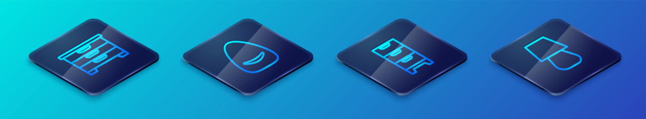 Set Isometric line Chest of drawers, Table lamp and Pouf icon. Vector