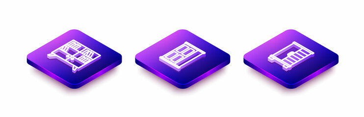 Set Isometric line Library bookshelf, Wardrobe and icon. Vector