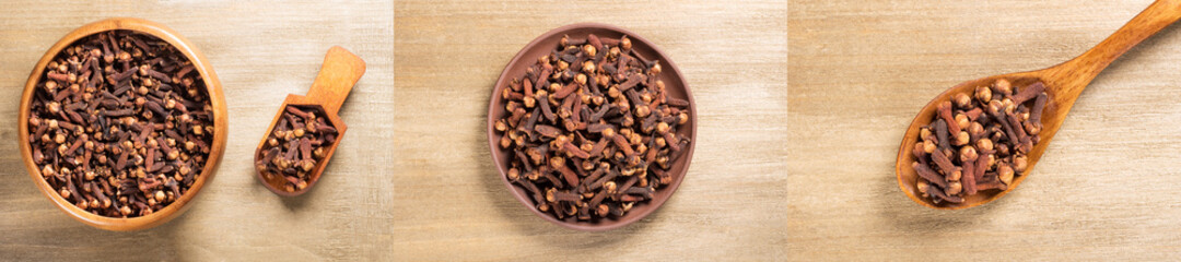 Set of spice clove (Syzygium aromaticum) in wooden spoon and scoop, bowl, clay plate on brown wooden background. Close up, macro. Flat lay