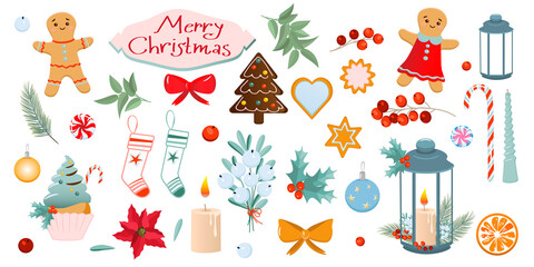 Set of picture details Merry Christmas. Vector illustration for the New Year's holiday. Cookies, bows, New Year's red berries, blue berries, a candle flashlight, New Year's cupcake.
Web
