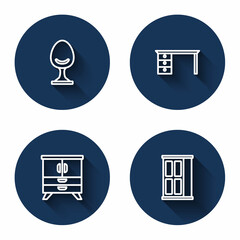 Set line Armchair, Office desk, Chest of drawers and Wardrobe with long shadow. Blue circle button. Vector