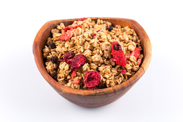 Muesli oat cereals close up background with dry fruits