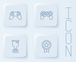 Set line Game controller or joystick, Award cup and rating with medal. White square button. Vector