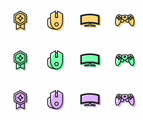 Set line Computer monitor, Game rating with medal, mouse and controller joystick icon. Vector