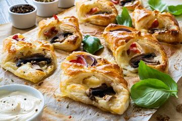 Baked puff pastry with mozzarella, white mushrooms and red bell pepper on baking paper

