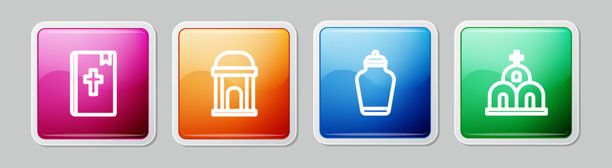 Set line Holy bible book, Old crypt, Funeral urn and Church building. Colorful square button. Vector