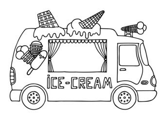 Ice cream bus in doodle style. Coloring for children. Hand Drawn.