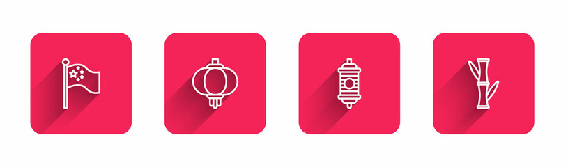 Set line China flag on flagpole, Chinese paper lantern, and Bamboo with long shadow. Red square button. Vector