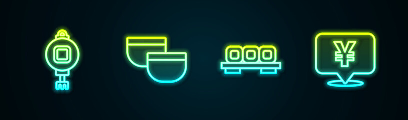 Set line Chinese paper lantern, tea ceremony, Sushi cutting board and Yuan currency. Glowing neon icon. Vector