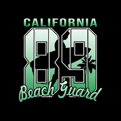 California beach guard print t-shirt. The slogan on the backdrop of palm trees and sunset. Beautiful vector illustration - 467741279