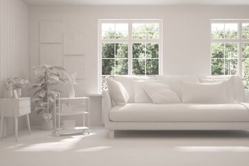 Stylish room in white color with sofa and summer landscape in window. Scandinavian interior design. 3D illustration