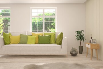 White living room with sofa and summer landscape in window. Scandinavian interior design. 3D illustration
