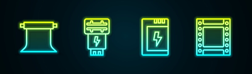Set line Empty photo studio, Photo camera flash, Battery for and Camera roll cartridge. Glowing neon icon. Vector